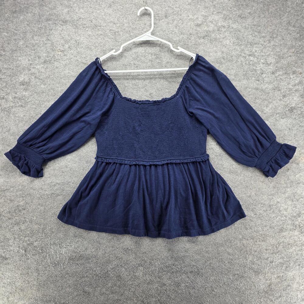 Crown & Ivy Blouse Womens L Blue Jersey Square Neck Ruffle Elastic Waist